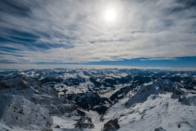 Scenic view of snowcapped mountains against sky
