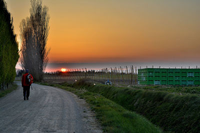 Rear view of man walking on road by field against sky during sunset