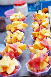 High angle view of chopped fruits on table