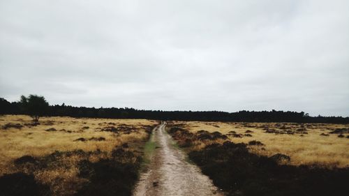 Dirt road amidst field against sky