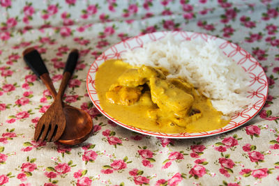 Close-up of food served in plate on table