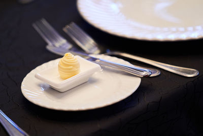 High angle view of cake in plate on table