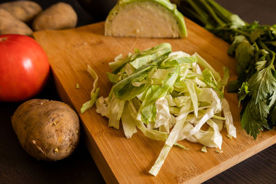 High angle view of food on cutting board