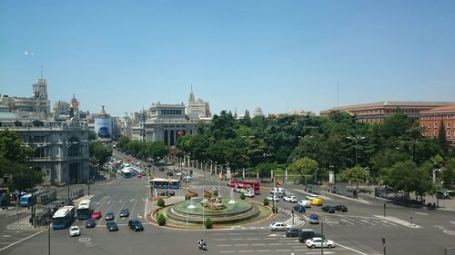 High angle view of city street against clear sky