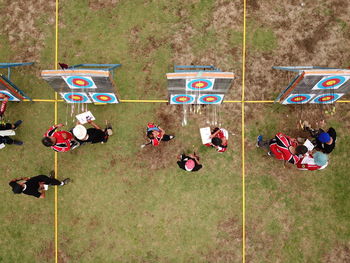 High angle view of people playing soccer