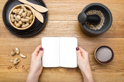 High angle view of coffee cup on table