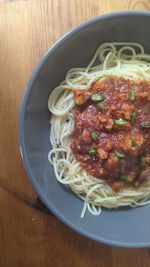 High angle view of noodles in plate on table