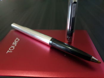 High angle view of pen on table