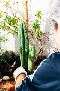 Midsection of man holding plant