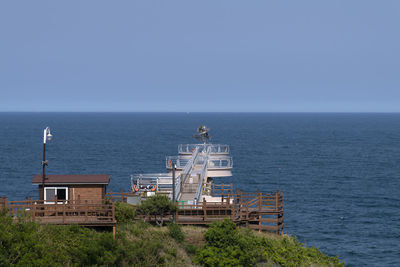 Scenic view of sea against clear blue sky