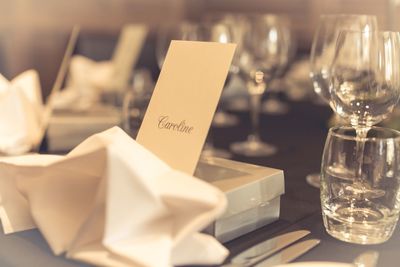 Close-up of glasses on table