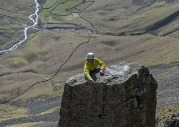 England, cumbria, lake district, wasdale valley, great gable, napes needle, climber