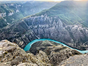 High angle view of rocks in mountains