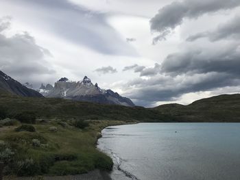 Scenic view of mountains against cloudy sky