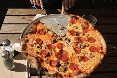 High angle view of pizza on table