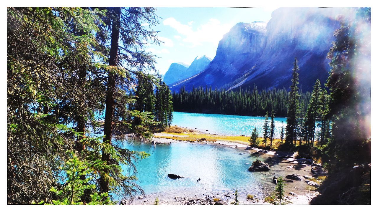 water, tranquil scene, transfer print, tree, tranquility, lake, mountain, scenics, auto post production filter, idyllic, beauty in nature, nature, sky, non-urban scene, calm, mountain range, outdoors, day, blue, remote, solitude, countryside, no people, majestic, lakeside