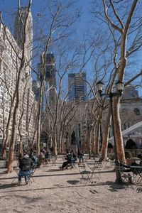 Bare trees and plants in city against sky