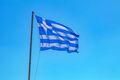 Low angle view of flag waving against clear blue sky