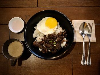 High angle view of breakfast served on table