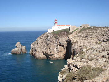 Lighthouse on cliff by sea against clear sky