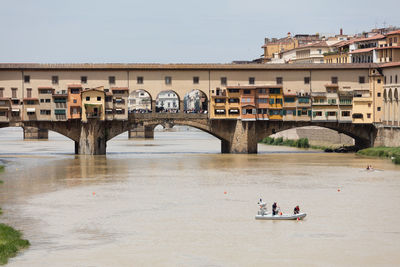 People on bridge over river in city against clear sky