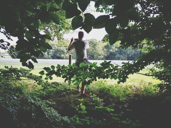 Rear view of woman standing by plants