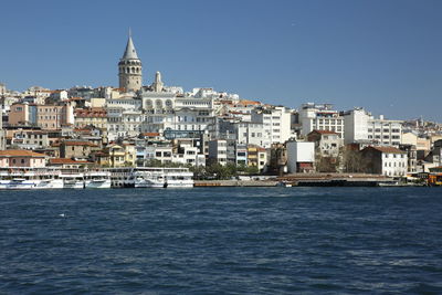 View of buildings by sea against sky in city