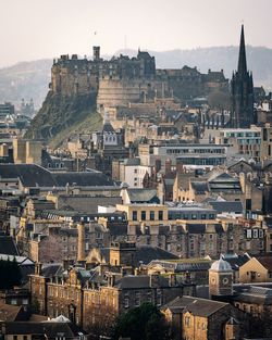 High angle view of townscape against sky in city