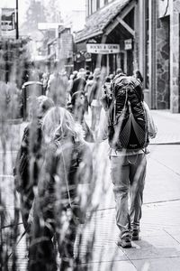 Rear view of people walking on street in city