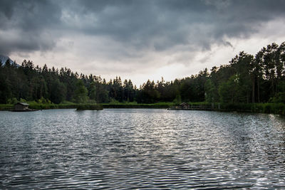 Scenic view of lake in forest against sky
