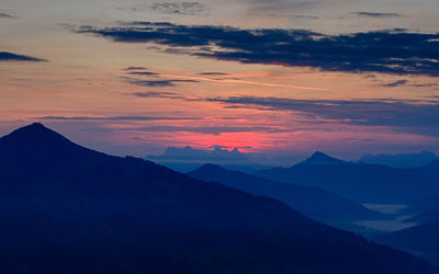 Scenic view of silhouette mountains against sky at sunset