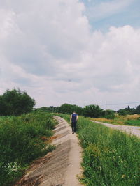 Rear view of person walking on road amidst field against sky