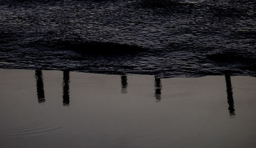 High angle view of wooden posts on beach