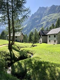 Scenic view of green field and mountains against sky