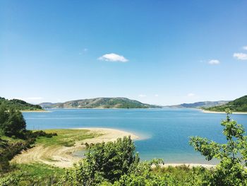 Scenic view of sea against blue sky