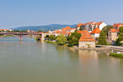 Bridge over river against buildings in city