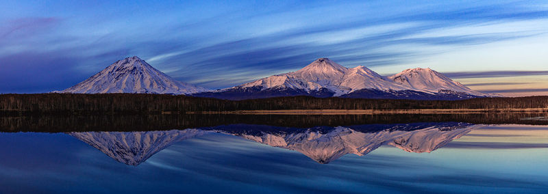 Scenic view of lake by snowcapped mountains against sky