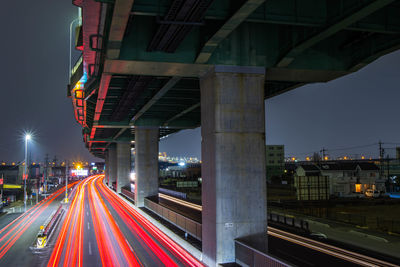 High angle view of light trails on railroad station