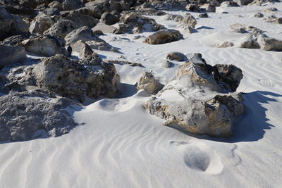 Rocks on snow covered land