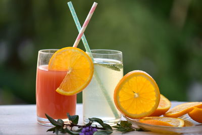 Close-up of orange juice on table