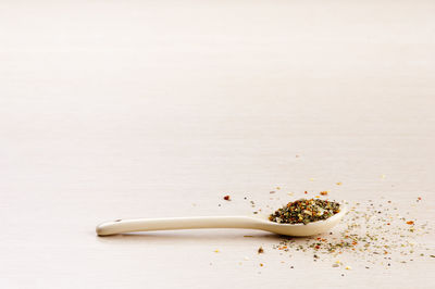 Close-up of bread on table against white background