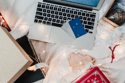 High angle view of laptop on table