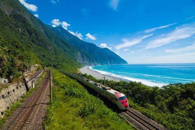 Train on landscape against the sea