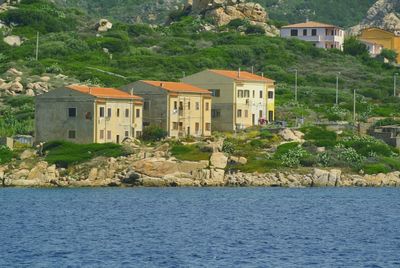 Houses by river against sky