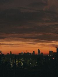 High angle view of city at sunset