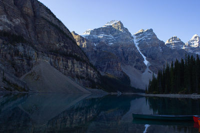 Valley of ten peaks near moraine lake on a sunny autumn day with snow on the mountain. 