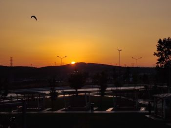 Silhouette birds flying against sky during sunset