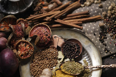 High angle view of spices in container