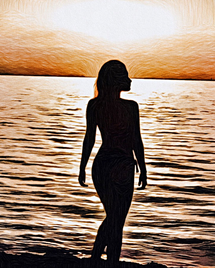 one person, water, sunset, adult, silhouette, nature, women, sea, rear view, sky, lifestyles, beauty in nature, land, beach, standing, vacation, leisure activity, sunlight, trip, young adult, tranquility, full length, holiday, outdoors, scenics - nature, tranquil scene, relaxation, clothing, summer, travel, female, motion, person, back lit, three quarter length