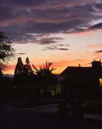 Silhouette trees and houses against sky during sunset